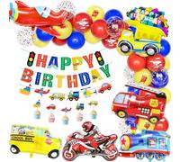 Teselife Globos Decoración Cumpleaños Niño Transporte, Niño Cumpleaños Globo Rojo Azul Amarillo Decora Tren Autobús Escolar Camion de Cumpleaños Bomberos Avión Motocicleta Pancarta Fiestas Accesorios