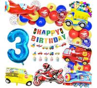 Teselife Globos Decoración Cumpleaños Niños Transporte, 3 Años Niño Cumpleaños Globo Número 3 Decora Tren Autobús Escolar Camion de Cumpleaños Bomberos Avión Motocicleta Pancarta Fiesta Accesorios