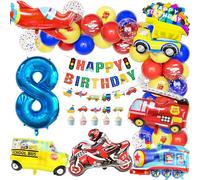 Teselife Globos Decoración Cumpleaños Niños Transporte, 8 Años Niño Cumpleaños Globo Número 8 Decora Tren Autobús Escolar Camion de Cumpleaños Bomberos Avión Motocicleta Pancarta Fiesta Accesorios