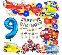 Teselife Globos Decoración Cumpleaños Niños Transporte, 9 Años Niño Cumpleaños Globo Número 9 Decora Tren Autobús Escolar Camion de Cumpleaños Bomberos Avión Motocicleta Pancarta Fiesta Accesorios