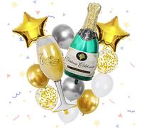 Teselife Juego de globos con diseño de botella de vino, copa de vino, juego de globos de látex metalizados, accesorios para fiestas, papel de aluminio dorado, globo con forma de pentagrama con lazo (dorado y verde)