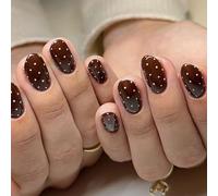 TESGADGETS 24 piezas Uñas postizas con puntos Polka-Dot forma almendrada piezas artificiales marrones con puntos blancos tamaño mediano cobertura completa acrílicas brillantes
