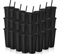 TESIN 24 vasos de plástico negro con tapa y pajita, botella de agua de 710 ml, café helado, taza de viaje, vasos reutilizables, perfectos para fiestas, cumpleaños