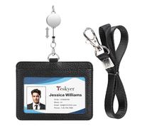 Teskyer Porta Tarjetas Identificativas - con Cordón Retráctil, Cuero Sintético, para 2 Tarjetas, Diseño Horizontal, Abonos de Transporte y Metro, Negro