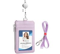 Teskyer Porta Tarjetas Identificativas - con Cordón Retráctil, Cuero Sintético, para 4 Tarjetas, con Bolsillo Cremallera, Diseño Vertical, Abonos de Transporte y Metro (Púrpura Claro)