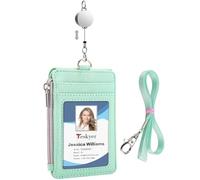 Teskyer Porta Tarjetas Identificativas - con Cordón Retráctil, Cuero Sintético, para 4 Tarjetas, con Bolsillo Cremallera, Diseño Vertical, Abonos de Transporte y Metro (Verde Claro)