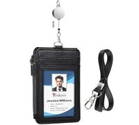Teskyer Porta Tarjetas Identificativas - con Cordón Retráctil, Cuero Sintético, para 4 Tarjetas, con Bolsillo Cremallera, Diseño Vertical, Abonos de Transporte y Metro (Negro)