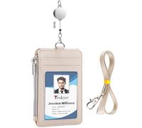Teskyer Porta Tarjetas Identificativas - con Cordón Retráctil, Cuero Sintético, para 4 Tarjetas, con Bolsillo Cremallera, Diseño Vertical, Abonos de Transporte y Metro (Beige)