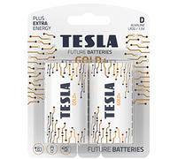TESLA BATTERIES GOLD+ D - Pilas alcalinas de máxima potencia, 10 años de vida útil, batería de larga duración, sin fugas, 2 unidades [paquete de 1]