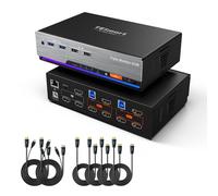 TESmart Conmutador KVM HDMI 2 PC 3 Monitores: HUB USB 3.0 (5 Gbps), Visualización Simultánea de Dos Computadoras, 4K@60 Hz, EDID, 3.5mm Audio (Micrófono y Auriculares), LAN,Tecla de Acceso Directo