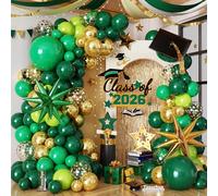 Tesochye Kit de arco de guirnalda de globos verdes y dorados, globos de confeti dorado verde oscuro con globos de aluminio de estrella explosiva para clase de graduación de 2026, aniversario