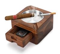 Tesonway Cenicero para puros, cenicero de madera, cenicero cuadrado con 4 ranuras para cigarros con cajón de accesorios para cigarros para interiores y exteriores, patio, oficina en casa, regalos