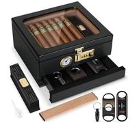 Tesonway Humidificador de cigarros, caja de cigarros de madera de cedro, humidificador de escritorio con parte superior de cristal con higrómetro frontal, humidificador, divisor, cajón de accesorios y