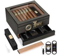 Tesonway Humidificador de cigarros, caja de cigarros de madera de cedro, humidificador de escritorio con parte superior de cristal con termohigrómetro digital, humidificador, divisor, cajón de