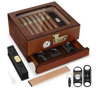 Tesonway Humidificador De Cigarros, Caja Puros, Madera Cedro, Escritorio Con Parte Superior Vidrio Higrómetro Frontal, Humidificador, Divisor, Cajón