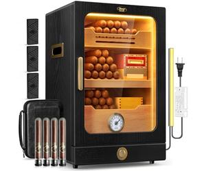 Tesonway Humidificador de puros, humidificador de puros de escritorio, sistema de control de luz con estantes de madera de cedro español, higrómetro, 3 humidificadores y cajón de accesorios para