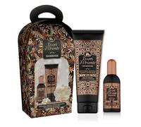 Tesori d'Oriente Idea de regalo, juego Hammam, crema de ducha de 250 ml y aroma aromático de 100 ml, incluye esponja, aroma floreciente y envolvente, notas de almendras, vainilla y almizcle