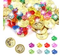 Tesoro Pirata Set 100 Piezas - 50 Monedas de Oro y 50 Gemas Acrílicas - Decoración Fiesta Pirata, Búsqueda del Tesoro, Juegos de Rol, Regalo para Niños +3 Años Para Decoración de Cumpleaños, Halloween