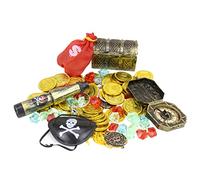 Tesoros de búsqueda del tesoro, juego de juguetes, fiestas de Navidad, piratas, monedas de oro, caja de juguetes con cerradura, contiene brújula, anteojera, piedras decorativas para fiestas piratas