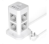 TESSAN 12 en 1 Regleta Enchufes, 1700J Torre Enchufes Vertical Proteccion Sobretension, 8 Tomas y 4 USB Regleta con Interruptor, Cargador USB C con 2M Extension Electrica para Casa, Oficina, 3600W