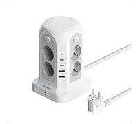 TESSAN 13 en 1 Regletas Enchufes, Torre de Enchufes Múltiple con 3 USB-C y 4 Interruptores Individuales, Alargador Enchufe 2 Metros, Regleta Vertical con Proteccion Sobretension, 3680W, Gris