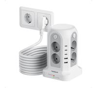 TESSAN 13 en 1 Torre Regletas Enchufes，10 Metros Extension Cord, Gris | Regleta de 8 enchufes con 4 interruptores individuales, 3 USB C y 2 USB A, 3680 W, torre de enchufe para oficina