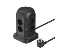 TESSAN 13 en 1 Torre Regletas Enchufes，2 Metros Extension Cord, Negro | Regleta de 8 enchufes con 4 interruptores individuales, 3 USB C y 2 USB A, 3680 W, torre de enchufe para oficina