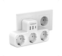 TESSAN 6 en 1 Enchufe múltiple en Forma de T, Ladron Enchufes con 3 Tomas CA y 3 Puertos USB, 15W Cargador USB C, 3600W Regleta Pared Compatibles para Sala de Estar, Dormitorio y Oficina, Blanco