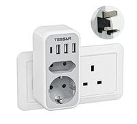 TESSAN Adaptador Enchufe Ingles a Español, Adaptador Enchufe UK con 3 USB y 1 USB C, 6 en 1 Adapter UK, Irlanda, Tipo G para Irlanda
