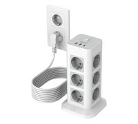 TESSAN Alargador Enchufe 10 Metros, Regleta Enchufes Proteccion Sobretension 12 Tomas con 1 USB C y 2 USB, Torre Regletas Vertical con Interruptor, Torre Multiple 3600W para Mesa, Oficina, Casa, Gris