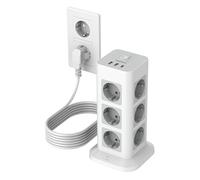 TESSAN Alargador Enchufe 5 Metros, Regleta Enchufes Proteccion Sobretension 12 Tomas con 1 USB C y 2 USB, Torre Regletas Vertical con Interruptor, Torre Multiple 3600W para Mesa, Oficina, Casa, Gris