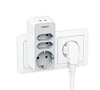 TESSAN Doble Enchufe para Socket, 5 en 1 Múltiple Plug, Gris | Adaptador de 3 Enchufes Schuko, 2 USB
