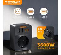 TESSAN Enchufe de pared con enchufe europeo, 1 toma de corriente alterna, 3 puertos USB tipo C de carga rápida de 30W, extensor de toma de corriente 5 en 1 para el hogar PD 30W 2A2C