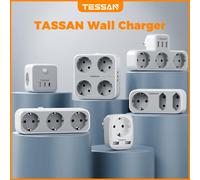 TESSAN Enchufe múltiple con enchufes europeos y puertos de carga USB, adaptador de enchufe múltiple para el hogar y la oficina TS-328-GR