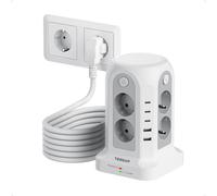 TESSAN Enchufe múltiple conmutable individualmente, cable alargador 5 m | Regleta de 8 enchufes con 4 interruptores individuales, 3 USB C y 2 USB A, 3680 W, torre de enchufe para oficina