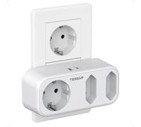 TESSAN Ladron Enchufes,5 en 1 Enchufe Multiple con 1 USB C y 1 USB A,Blanco | 3 Tomas CA Regleta Pared 3600W Máx, Cargador USB C para Dispositivos Móviles y Portátiles