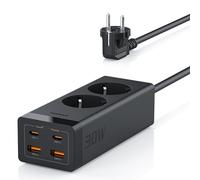 TESSAN Ladron Enchufes con USB C PD 30W, GAN USB C Carga Rapida, 6 en 1 Multiple con Alargador 2 Metros, Regletas Enchufes con Proteccion Sobretension, 3600W, Negro
