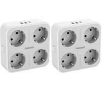 TESSAN Ladron Enchufes Plano con USB C, Enchufe Multiple 4 Schuko con 3 USB, Cargador Multiple 4000W, 7 en 1 Ladron con Interruptor, Regleta Pared para Oficina, Cocina, Gris (Paquete de 2)