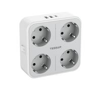TESSAN Ladron Enchufes Plano con USB C, Enchufe Multiple 4 Schuko con 3 USB, Cargador Multiple 4000W, 7 en 1 Ladron con Interruptor, Regleta Pared para Oficina, Cocina, Gris