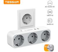 TESSAN Ladron Toma 5 en 1 con interruptor, enchufe múltiple con 3 enchufes y 2 puertos USB, enchufes modernos, compatible con teléfono 3AC 2USB with Switch