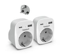 TESSAN Paquete de 2 Adaptador Enchufe UK, 3 en 1 UK to EU Plug Adapter con USB C y USB A, Adaptador Enchufe Ingles a Español de 3250 W, Cargador Reino Unido para Irlanda, Malta, Escocia, Dubái