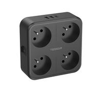 TESSAN - Regleta de 4 tomas de pared, 7 en 1, con interruptor de 4000 W, toma múltiple con 3 puertos USB para hogar, oficina, USB C compatible con teléfono, tableta, portátil, color negro