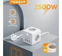 TESSAN-regleta de enchufe múltiple con 3 salidas, 3 USB, enchufe europeo, enchufe eléctrico Cube con interruptor, Cable de extensión de 1,5 M para el hogar Gray 3 USB