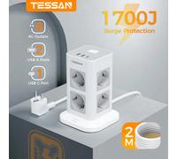 TESSAN-regleta de extensión de torre con USB, enchufe europeo, enchufe múltiple con interruptor, protección contra sobretensiones, toma de extensión de 2M Gray 3Type-C