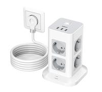 TESSAN Regleta Enchufe Plano, 8 Tomas Protección Sobretensión, 2M, Gris | Torre Multiples con 3 USB, Regletas Enchufes Proteccion Sobretension, Alargador 2 Metros, Regletas Vertical con Interruptor