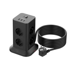 TESSAN Regleta Enchufe Plano, 8 Tomas Protección Sobretensión, 5M, Negro | Torre Multiple con USB C, Torre Regleta Vertical con Interruptor, Alargador Enchufe 5 Metros, 3600W para Oficina, Casa