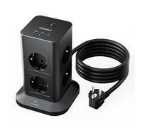 TESSAN Regleta Enchufe Proteccion Sobretension 8 Tomas con 2 USB A y 1 USB C, Torre Regleta Vertical con Interruptor, Alargador Enchufe 2 Metros, Torre Multiple 3600W para Mesa, Oficina, Casa, Negro