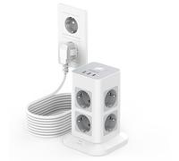TESSAN Regleta Enchufes 10 Metros con Protección Sobretensione 3600W 16A, Torre Enchufes Vertical con 3 USB y 8 Tomas, Regleta Alargador 10 Metros con Interruptor para Mesa, Oficina, Casa, Gris