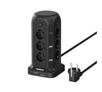 TESSAN Regleta Enchufes con 2 USB C y 4 USB A, regleta 12 enchufes, 2M | Proteccion Sobretension, Interruptor Individual, 18 en 1 Torre Multiple 3680W para Mesa, Negro, Alargador 2M