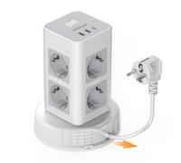 TESSAN Regleta Enchufes con USB C, 11 en 1 Regleta Vertical con Interruptor, Torre Alargador Enchufe con Cable de Extensión Retráctil 2M, 2500W para Hogar, Cocina